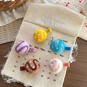 Handmade wool felt ice cream hair clips set for girls with colorful star and pearl details
