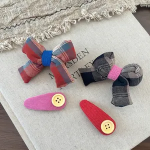 Ensemble de barrettes à cheveux mignonnes avec nœuds en tissu à carreaux et boutons