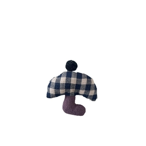 Cute handmade checkered mushroom brooch accessory with blue white pattern and purple stem