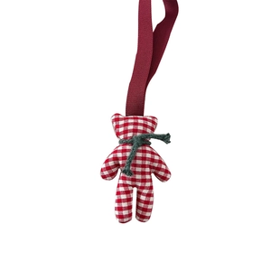Cute red and white checkered fabric bear pendant with green scarf and ribbon loop