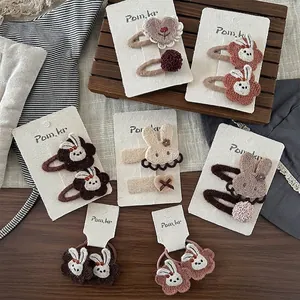 Handgefertigte Gestrickte Hase Blume Herz Haarklammern Für Mädchen Süße Herbst Winter Kaffee Braun Kinder Haaraccessoires