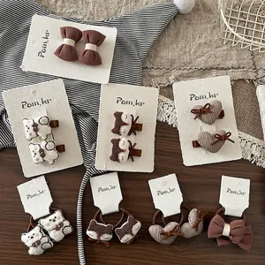 Ensemble de pinces à cheveux coréennes marron avec ours en peluche et motifs cœur