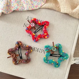 Star Shaped Knitted Woolen Yarn Hair Clips With Button Leather Bow Polka Dot Sweet Hairpins For Children Kids Girls