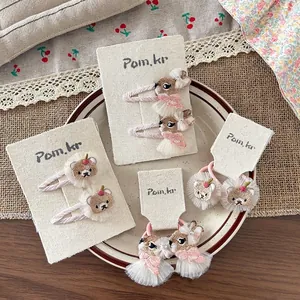 Süße Kinder Bestickt Tier Haarschmuck Set Koreanischen Stil Bär Hase Haarspangen Und Elastische Haargummis Für Mädchen