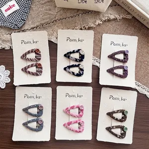 Handmade Embroidered Fabric Heart Hair Clips With Button Embellishment Korean Style Sweet BB Clips For Kids Girls Hair Accessories