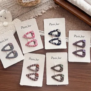 Set of 6 colorful heart fabric hand-embroidered BB clips with wooden button decorations