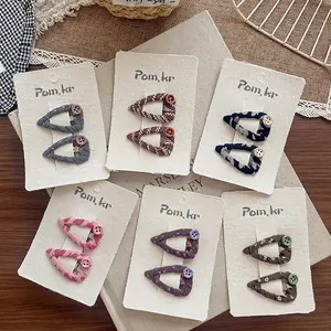 Set of 6 pairs colorful fabric embroidery BB hair clips with decorative buttons