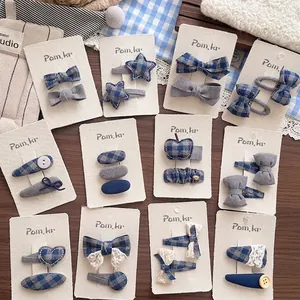 Ensemble de Pinces à Cheveux Nœud en Tissu Plaid Style Coréen pour Filles Doux Gris Bleu Étoile Cœur Épingle à Cheveux Fait à la Main Accessoires Cheveux Enfants