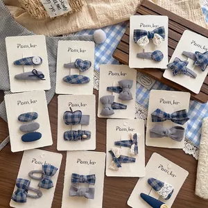 Lot de barrettes à cheveux en tissu écossais bleu avec nœud et motifs d'étoiles