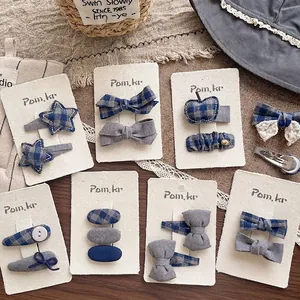 Ensemble de barrettes à cheveux avec nœuds et étoiles en tissu à carreaux bleu pour fille