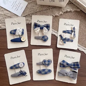 Lot de 6 barrettes à cheveux élégantes style coréen en tissu à carreaux bleus