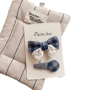 Lot de barrettes à cheveux à carreaux bleus avec nœud en dentelle et bouton de style coréen