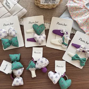 Juego de Pinzas y Gomas para el Cabello de Tela con Lazo Corazón Seta para Niñas Dulce Floral Hecho a Mano Regalo