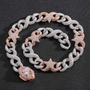 Hip hop two-tone Cuban chain necklace with rose gold stars and large oval zircon clasp