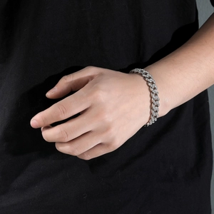 Bracciale Cuban Link da uomo 12mm argento con strass scintillanti in stile hip hop trendy