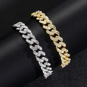 Bracciali Cuban link 12mm oro e argento stile hip hop con strass scintillanti