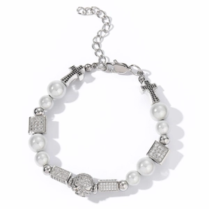 Hip-Hop Edelstahl Reflektierende Künstliche Perle Halskette Armband Set Gothic Kreuz Totenkopf Zirkonia Quadratischer Anhänger Herren Schmuck