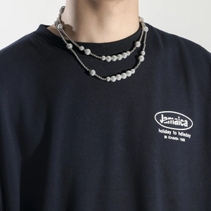 Collier double épaisseur unisexe perles réfléchissantes et perles en acier inoxydable