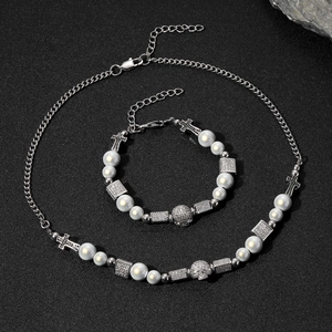 Hip-Hop-Schmuckset aus Edelstahl mit Perlen, Kreuzen und Totenkopf-Anhängern