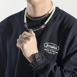 Collana hip hop in acciaio al titanio con ciondolo a lettera M e perle per uno stile street