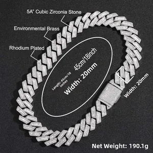 Detail view of 20mm rhodium plated brass Cuban chain with 5A+ cubic zirconia stones