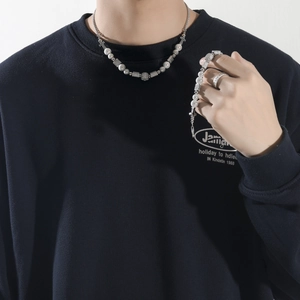 Hip-Hop Perlenkette und Armband-Set mit Kreuzanhänger und Vintage-Ring für Herren