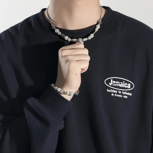Hiphop Edelstahl-Perlenkette und Armband-Set mit Zirkonia-Kreuzanhänger für Herren