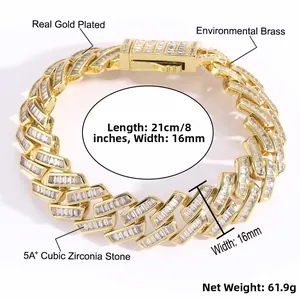 Detailed view of 16mm gold plated brass Cuban chain bracelet with 5A cubic zirconia stones