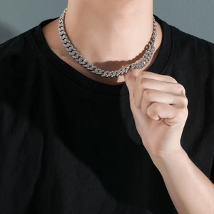 Collana cubana da uomo color argento con zirconi brillanti da 12mm in stile Hip Hop
