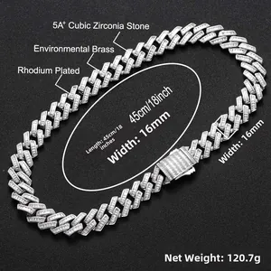 Macro detail of 16mm iced out Cuban link chain with square zirconia on black texture