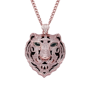 Pendentif tête de tigre hip-hop avec zircon blanc et yeux verts sur chaîne gourmette