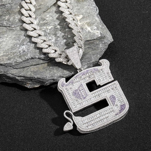 Hip hop S letter pendant necklace with zircons and purple heart on silver Cuban chain