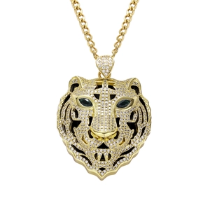 Collier avec pendentif tête de tigre hip hop plaqué or et incrusté de zircone