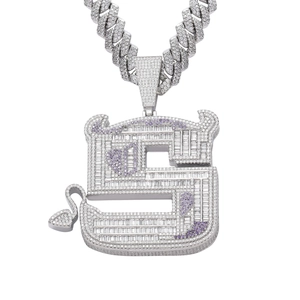 Hip-Hop S-letter devil pendant necklace in silver with full zircon stones and Cuban link
