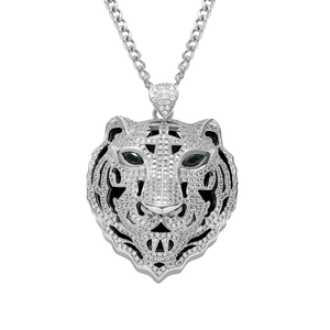 Pendentif tête de tigre hip hop avec zircons blancs et yeux verts sur chaîne cubaine