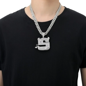 Hip hop silver S letter pendant necklace with iced out cubic zirconia and cuban chain