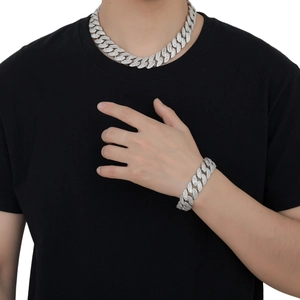 Men's 20mm heavy silver Cuban chain necklace and bracelet set with cubic zirconia stones