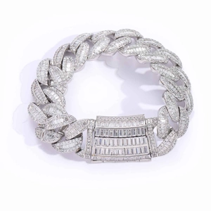 Chunky silver Miami Cuban chain bracelet with baguette and round zircon stones