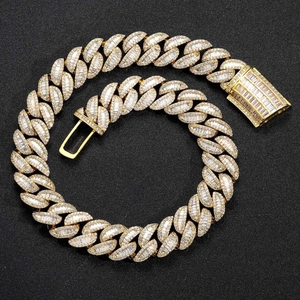 Golden Miami Cuban link chain necklace with T-shape baguette cubic zirconia stones