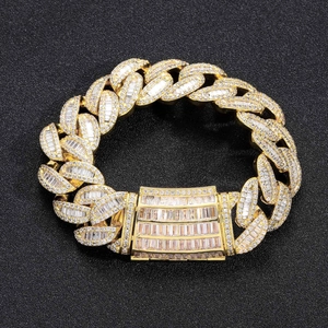 Heavy gold Cuban chain bracelet with baguette and round zircons for men in hip hop style