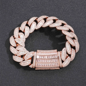 Detailed view of heavy rose gold Miami Cuban chain with T-square zircon stone setting