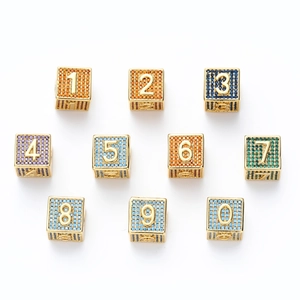 Golden cube beads set with colorful cubic zirconia and numbers for hip hop jewelry
