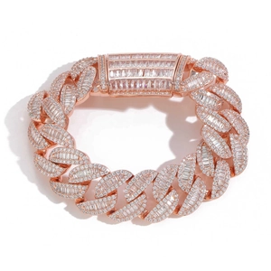 20mm rose gold Cuban link necklace with baguette and round cut stones for men