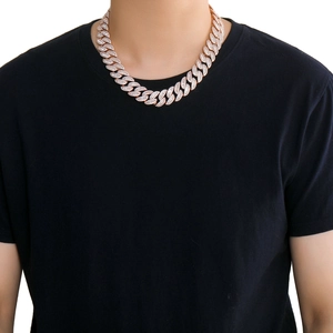 Men's 20mm rose gold Cuban chain necklace with baguette and round pave-set zircons