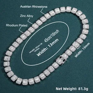 Detail view of 13mm iced out Cuban link chain with pink and white Austrian rhinestones