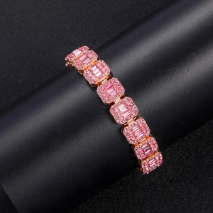 Pink iced-out 13mm Cuban link necklace with rectangular zircons in rose gold plating