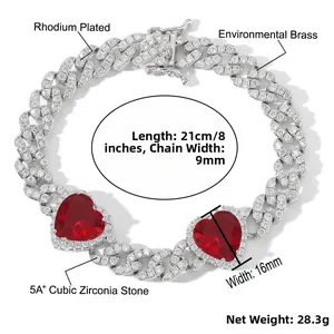 Detailed view of 9mm Cuban link chain featuring two red zircon hearts in rhodium plated brass