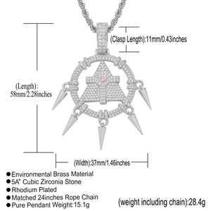Detailed view of hip hop pendant with cubic zirconia and dimensions on white background