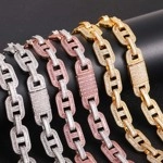 Detailed view of coffee bean links with micropave cubic zirconia in gold, silver, and rose gold