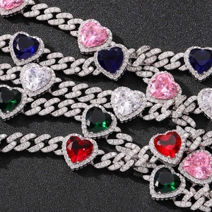 Cuban link necklaces with multi-colored heart zircon pendants and micro-pave crystals